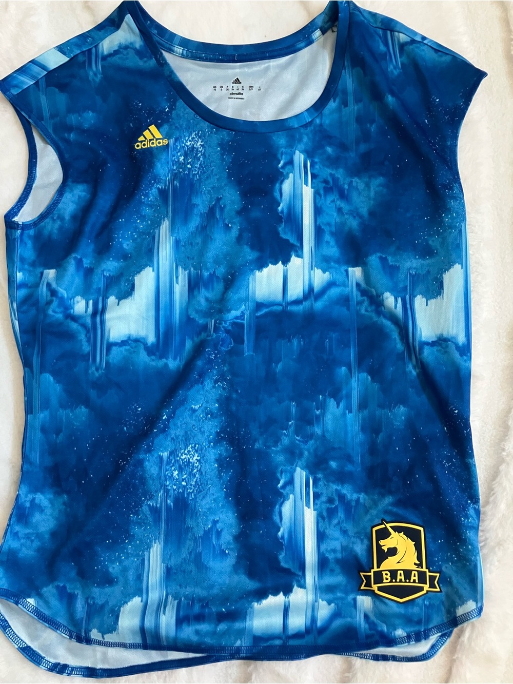 Boston Marathon adidas Blue Graphic Athletic Tank Top with Yellow Accents